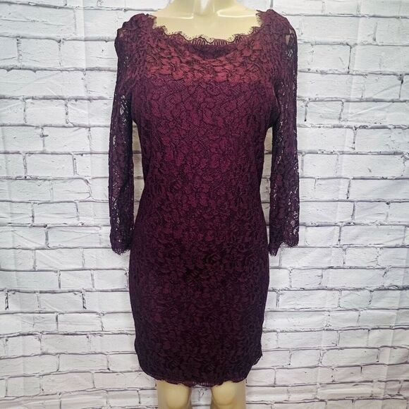 Diane Von Furstenberg Women's Burgundy Lace Zip-Back Sheath Dress Size 12 - Picture 1 of 12